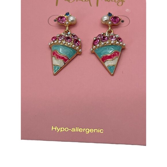 Packed Party Earrings Ice Cream Cone Dangle Gold Tone Enamel Rhinestones New - Picture 3 of 4